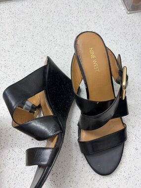 Nine West Black Leather Cross-Strap Wedge Sandals with Gold Buckle